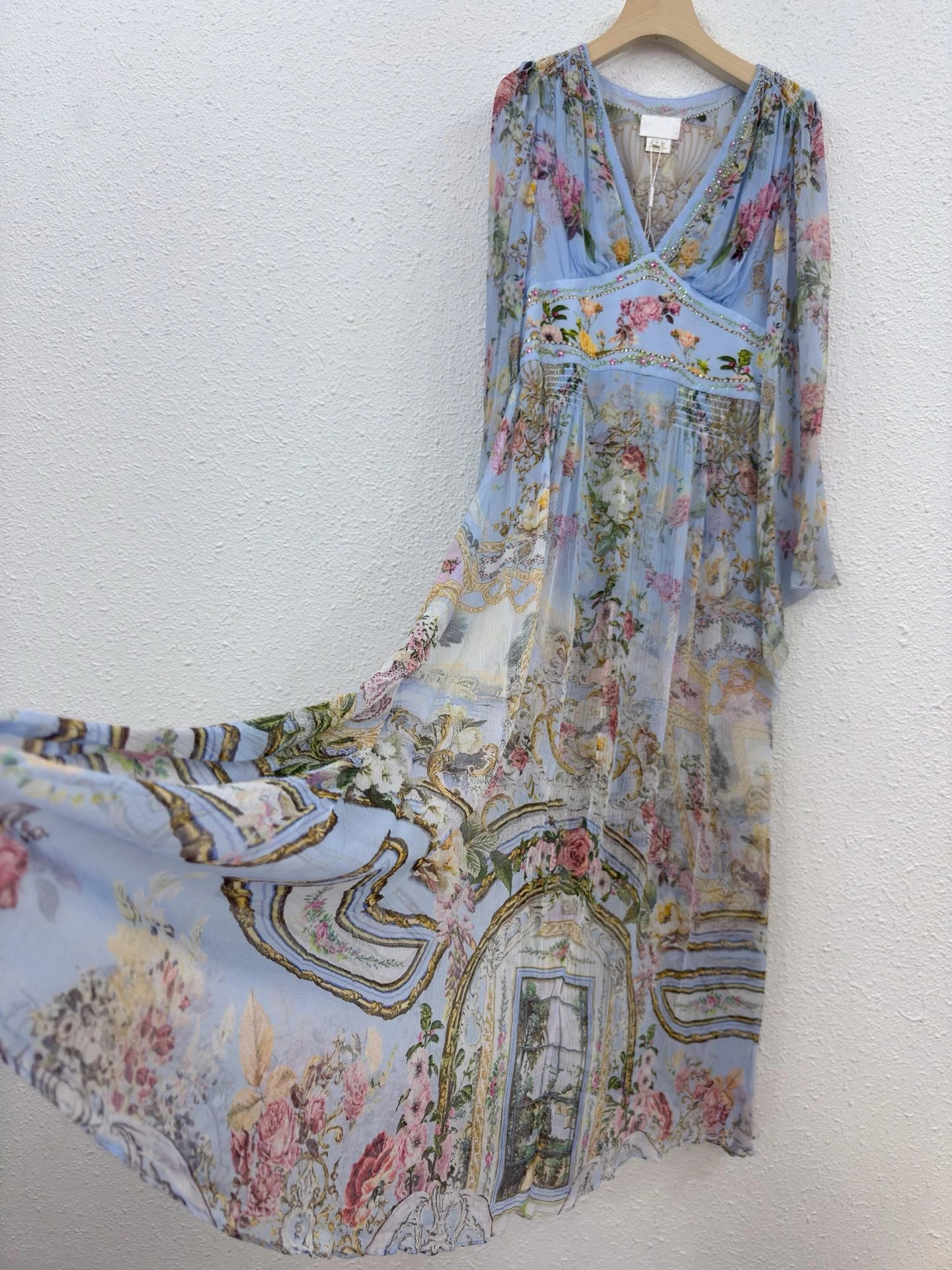 100% Real Silk Women V-Neck Floral Printing Flare Sleeve Midi Dress Bohemian Vintage Spring Elegant Beach Style High Quality