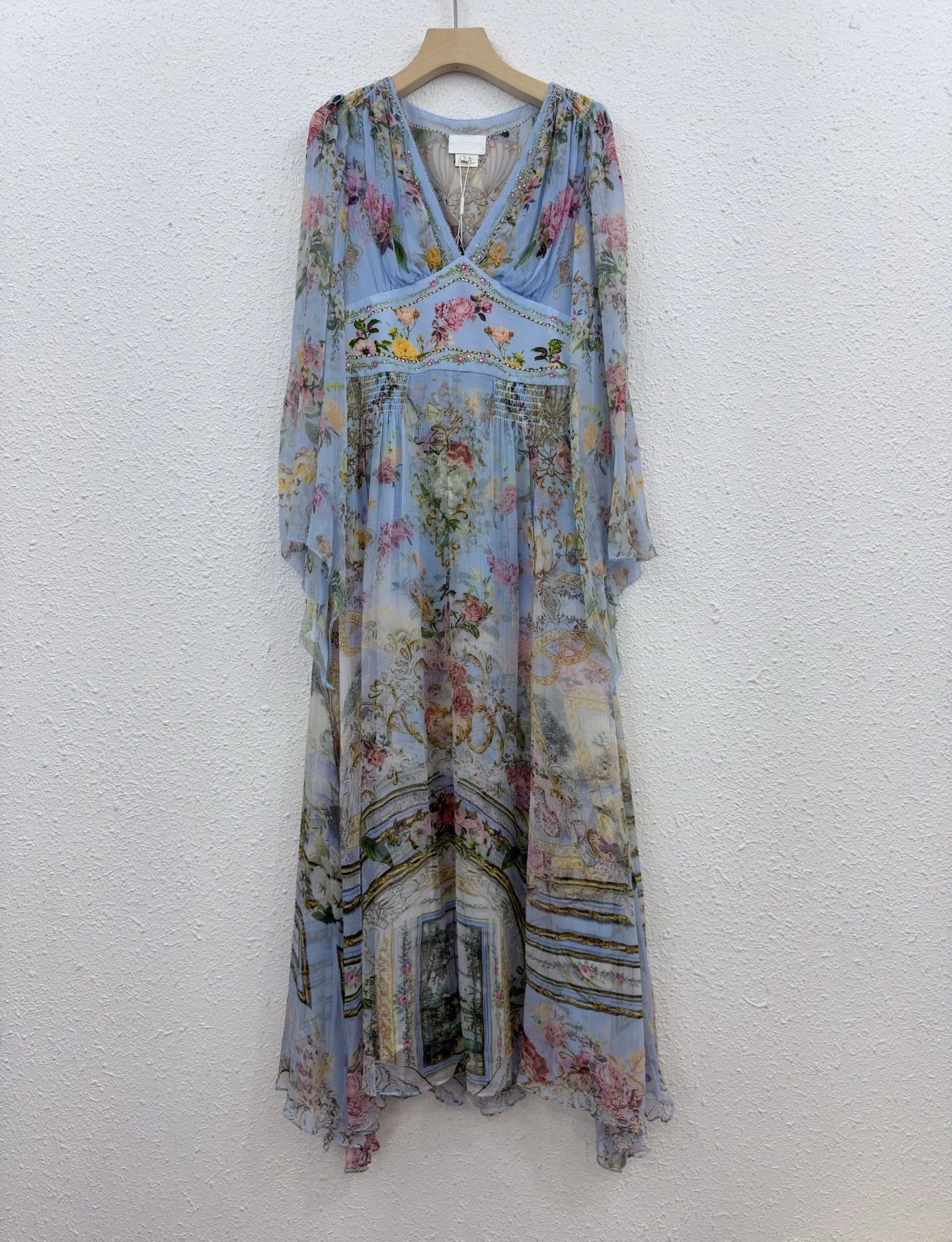 100% Real Silk Women V-Neck Floral Printing Flare Sleeve Midi Dress Bohemian Vintage Spring Elegant Beach Style High Quality