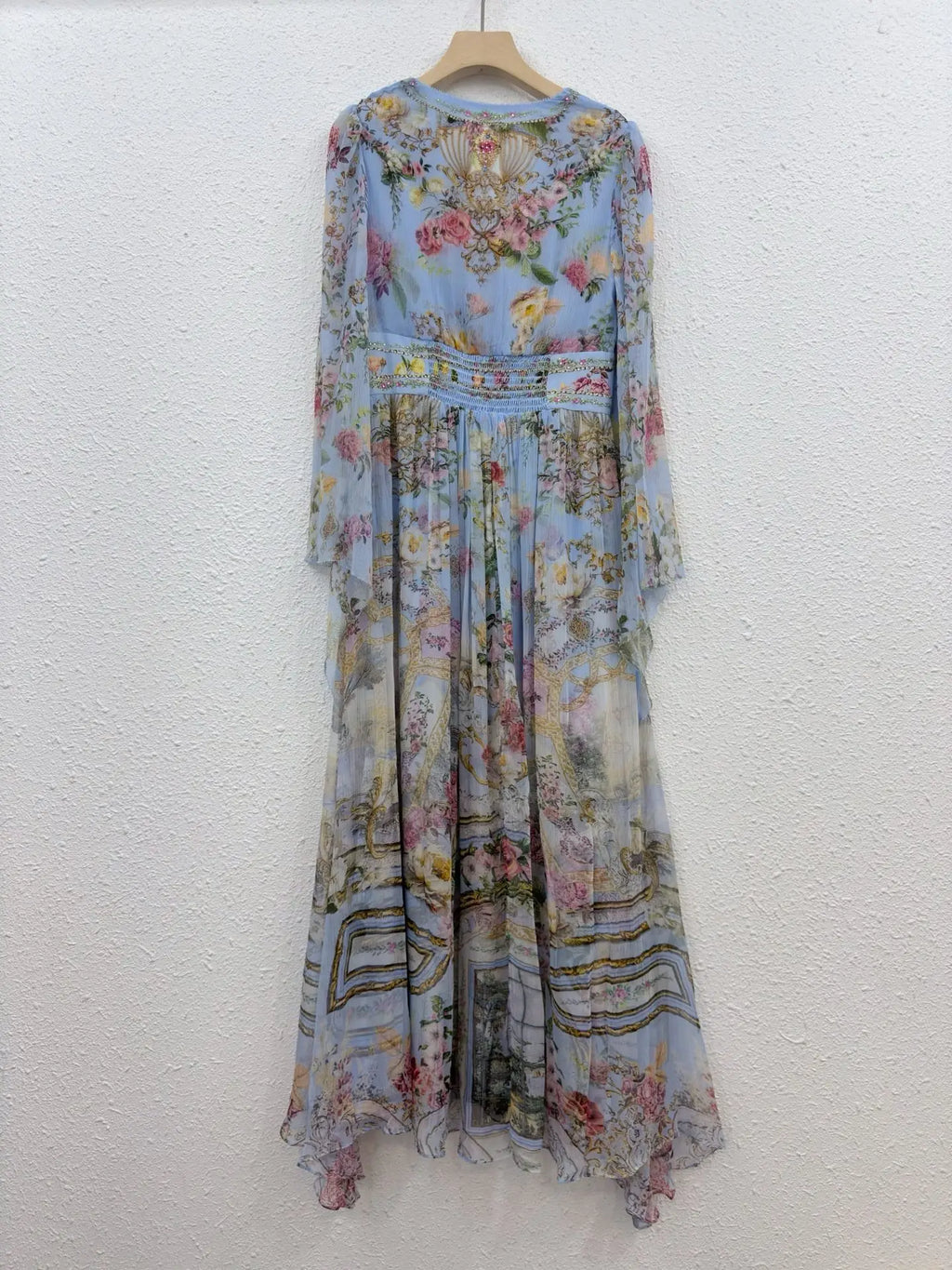 100% Real Silk Women V-Neck Floral Printing Flare Sleeve Midi Dress Bohemian Vintage Spring Elegant Beach Style High Quality