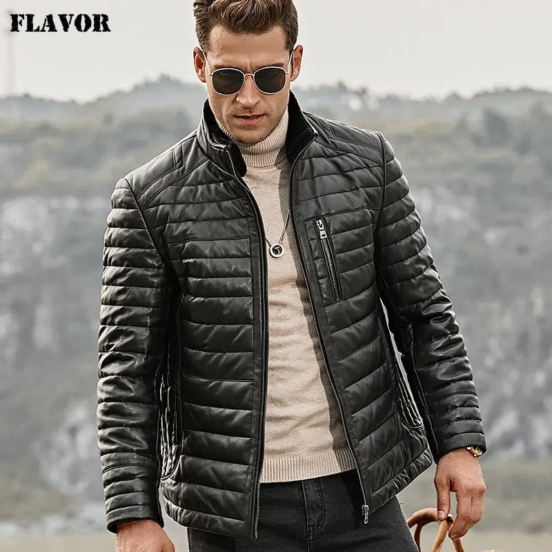 FLAVOR Men's Real Leather Down Jacket Men Genuine Lambskin Winter Warm Leather Coat with Removable Standing Sheep Fur Collar