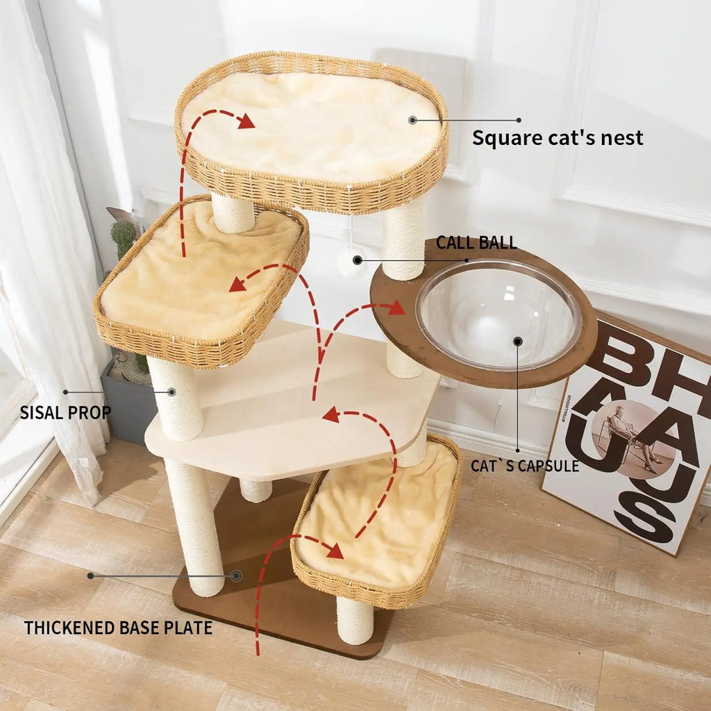 2025 Modern Cat Tree Tower Hand-woven Advanced Space Capsule Cat Nest 7 cm Natural Sisal Pillar Wood, Grab Cat Lovers Gift