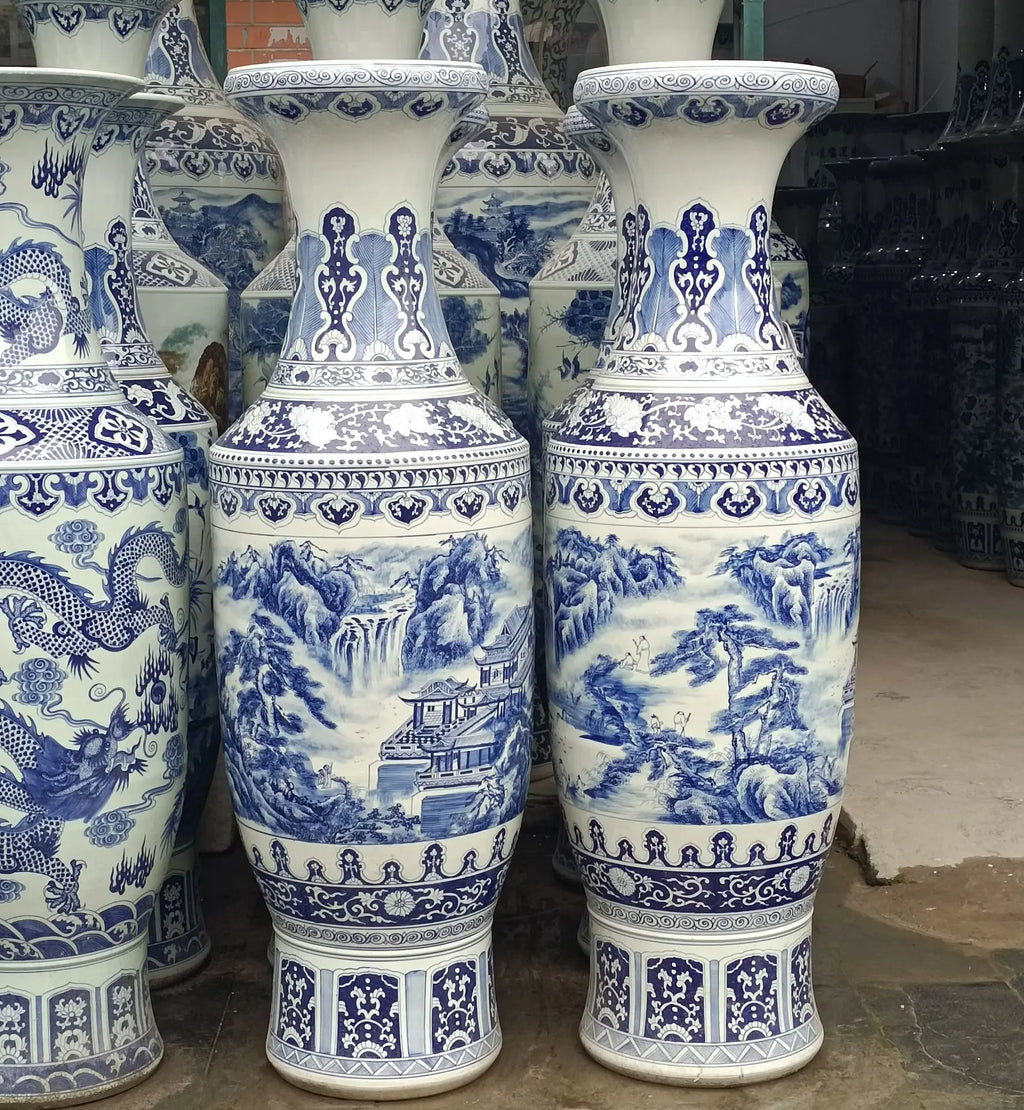 Ceramic floor standing large vase hand-painted blue and white landscape antique gold bell vase ornament