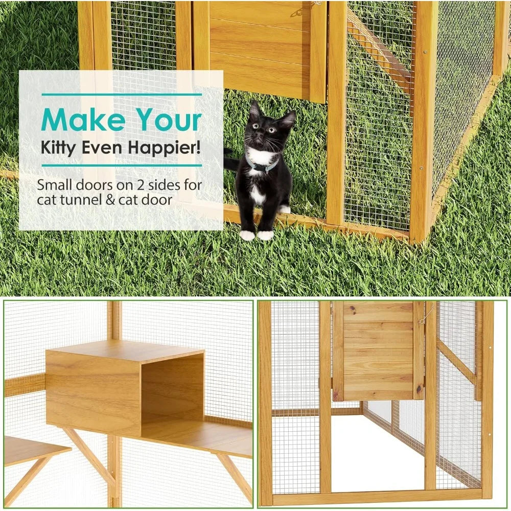Extra Large Wooden Outdoor Cat House, 57ft² Cat Run Enclosure Walk in Catio Kitten Condo with Enter Door, 2 Doors, 2 Playpen