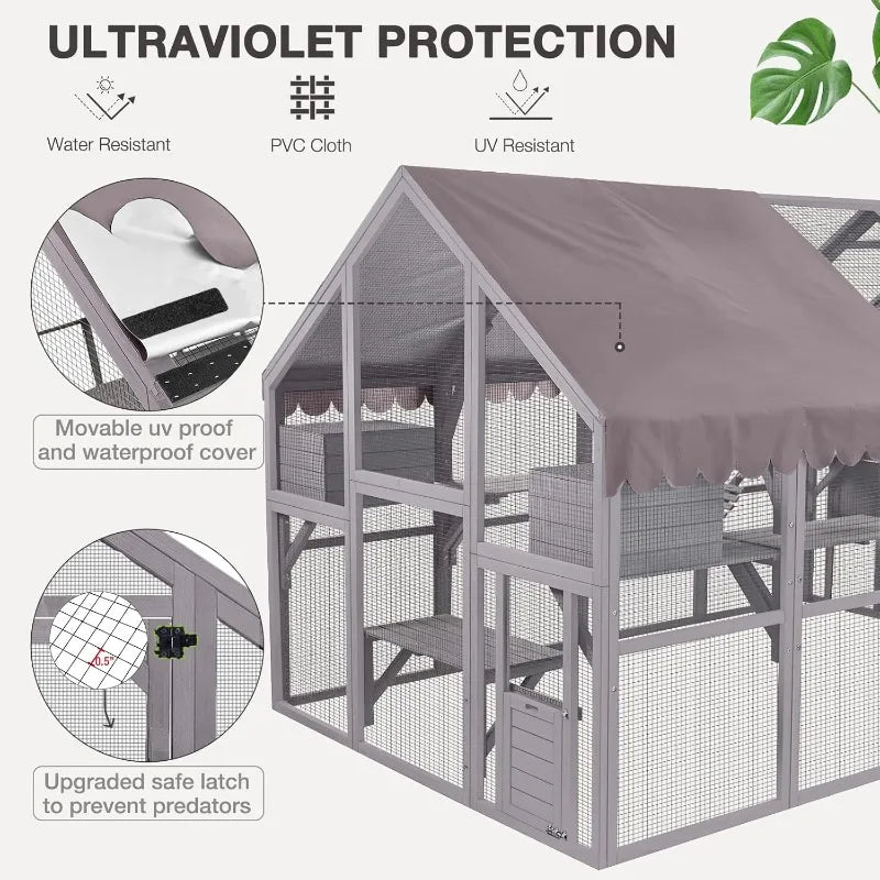 Large Catio Outdoor Cat Enclosures Wooden Cat House with Sleeping Houses, Bridges, Walks, UV Proof Cover 74" H 110" L