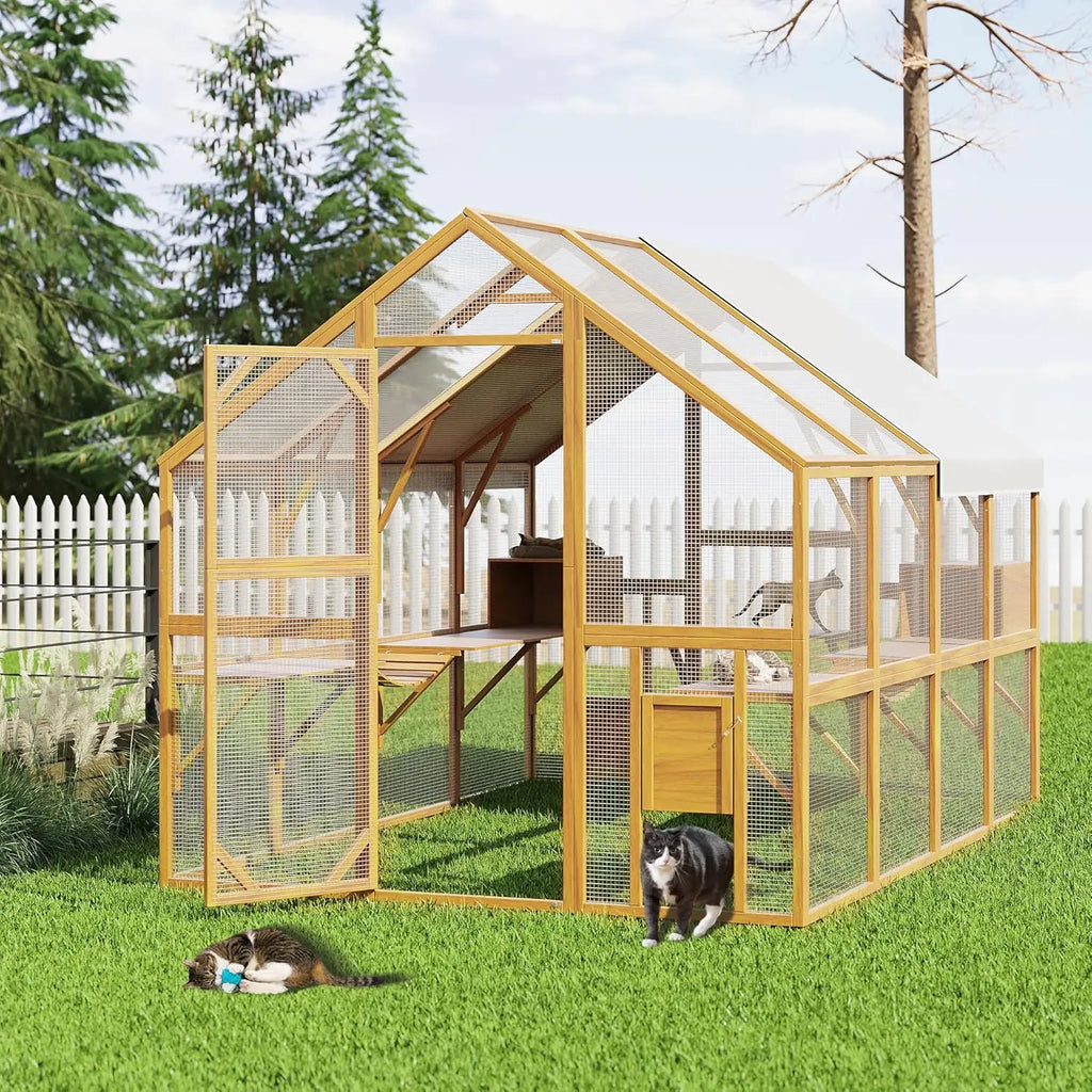 Extra Large Wooden Outdoor Cat House, 57ft² Cat Run Enclosure Walk in Catio Kitten Condo with Enter Door, 2 Doors, 2 Playpen