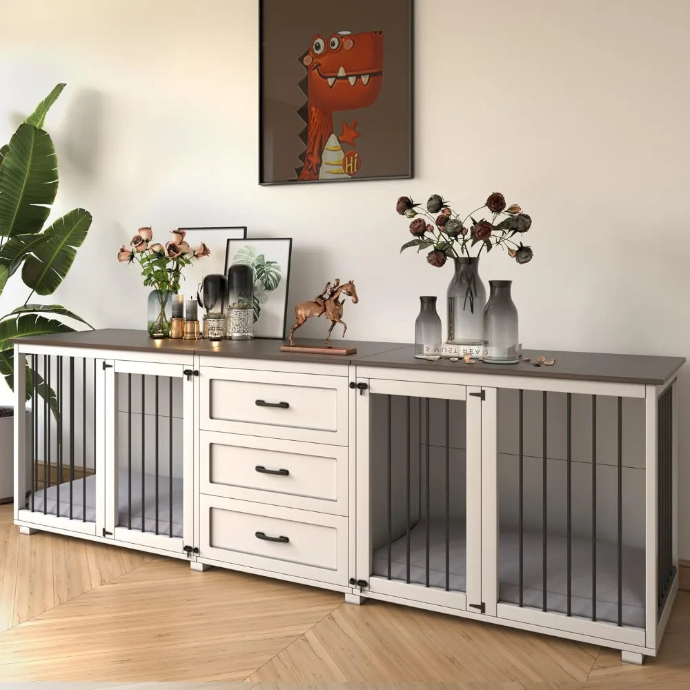 Style Dog Crate - Wooden Dog Kennel Furniture with 3 Drawer, Double Doors with Locks, 95x23x32H, White