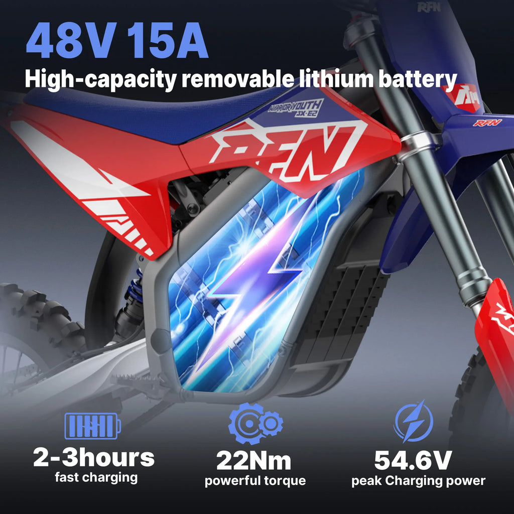 RFN Warrior Younth SX-E2 Electric Dirt Bike - MAX 2000W Powerful  Motor - 28 mph Top Speed | 12"/10" Off-Road Tires With 26-Mile