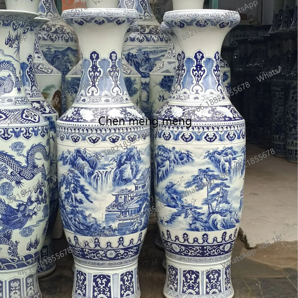 Ceramic floor standing large vase hand-painted blue and white landscape antique gold bell vase ornament