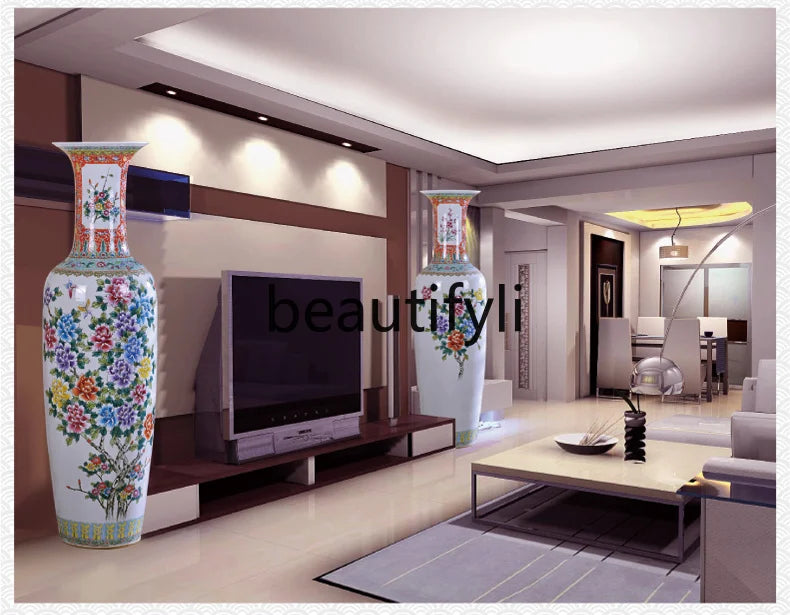 New Chinese-style pastel landscape floor-to-ceiling large vase home furnishing  ceramic flower arrangement decorations