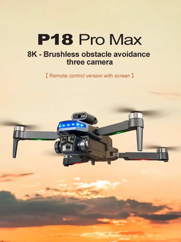 P18 Drone with 8K Camera 4.5 Inch Screen Remote Control Brushless Motor Obstacle Avoidance Foldable Quadcopter for Beginner