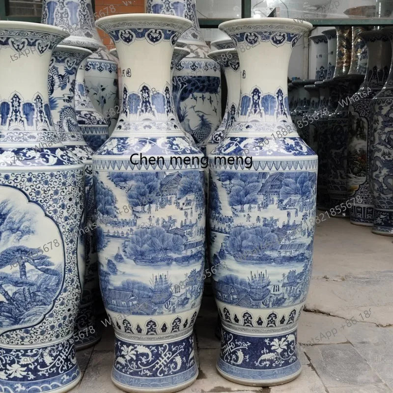 Ceramic floor standing large vase hand-painted blue and white landscape antique gold bell vase ornament