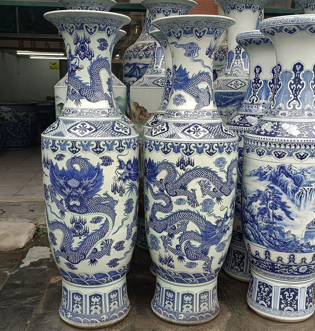 Ceramic floor standing large vase hand-painted blue and white landscape antique gold bell vase ornament