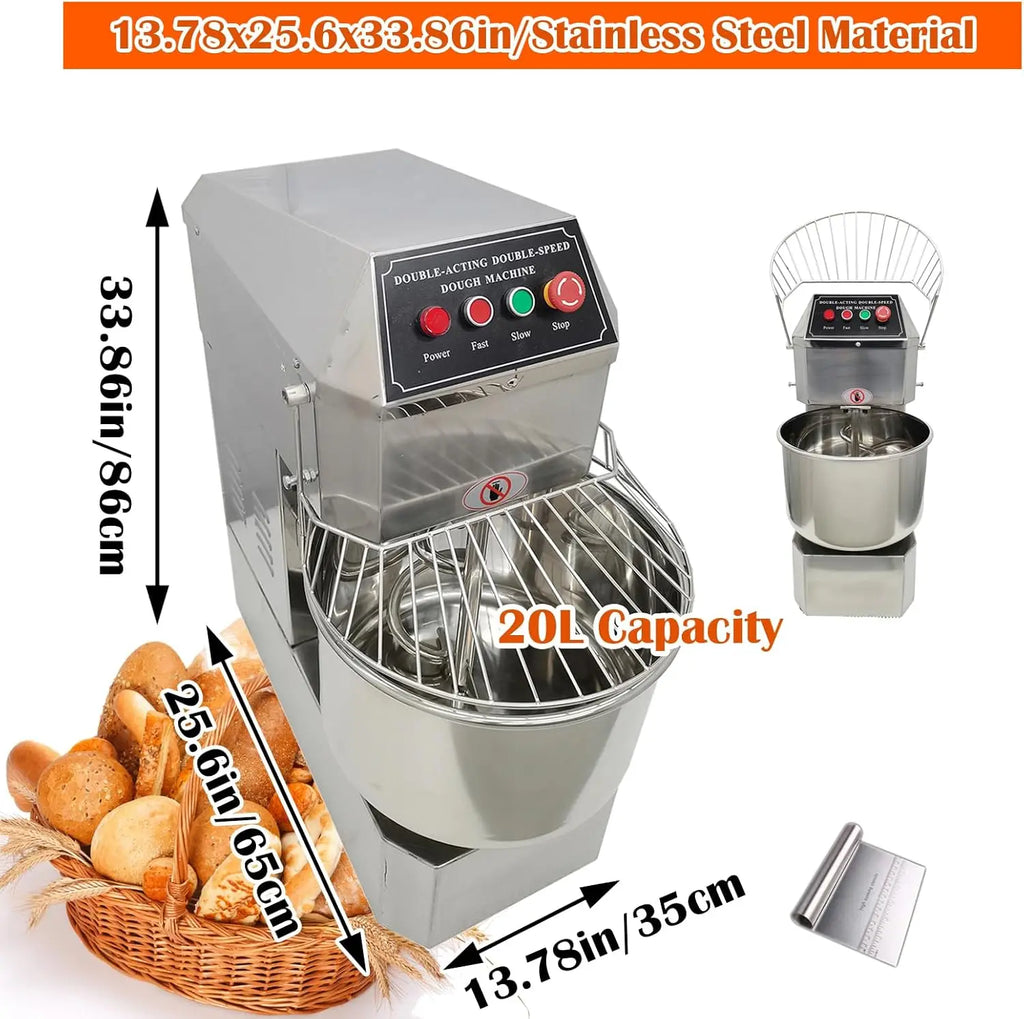 Commercial Electric Dough Mixer 20QT Stand Flour Mixing Machine Double Action Double Speed Spiral Stainless Steel Dough Blender