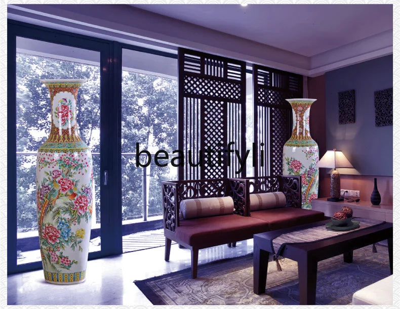 New Chinese-style pastel landscape floor-to-ceiling large vase home furnishing  ceramic flower arrangement decorations