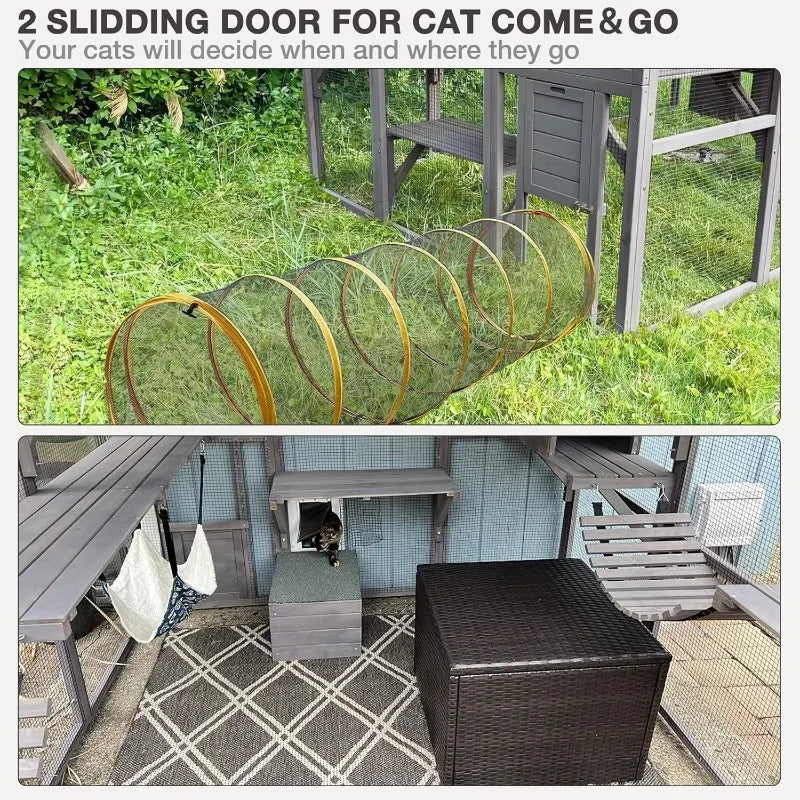 Large Catio Outdoor Cat Enclosures Wooden Cat House with Sleeping Houses, Bridges, Walks, UV Proof Cover 74" H 110" L