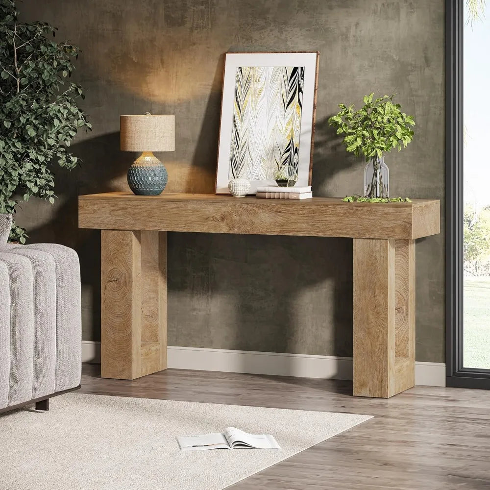 "farmhouse style 63" wooden rectangular sofa table for entryway and behind couch"