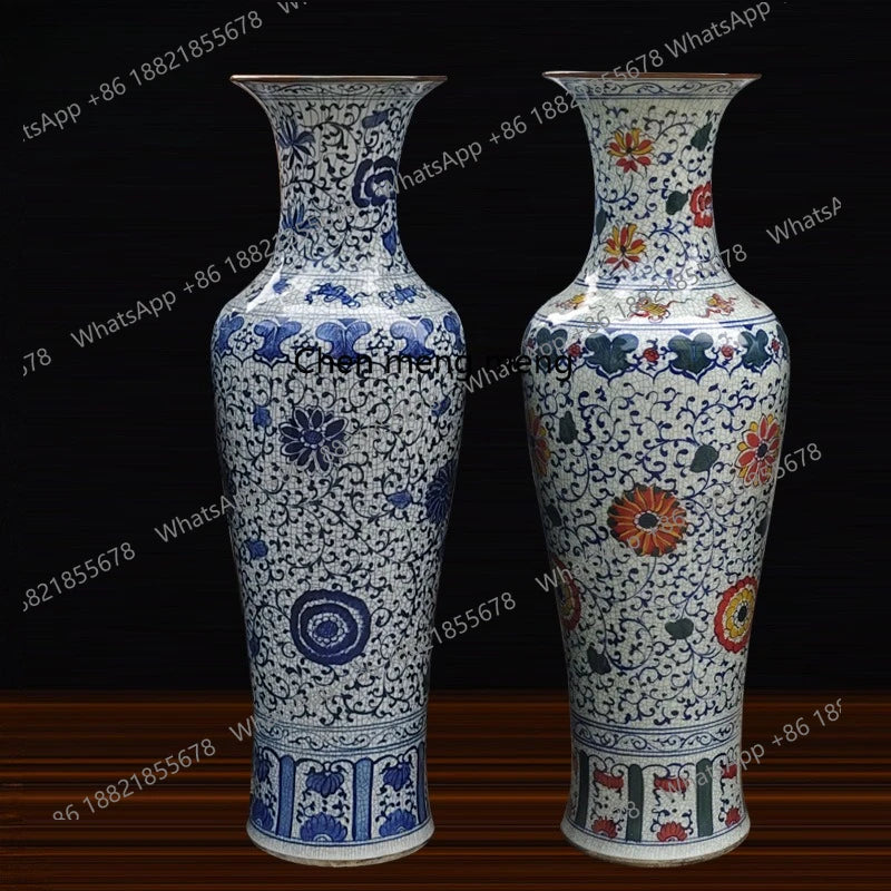 Ceramic handicraft ornaments Antique hand-painted blue and white cracks to the ground, large vases, decorative ornaments