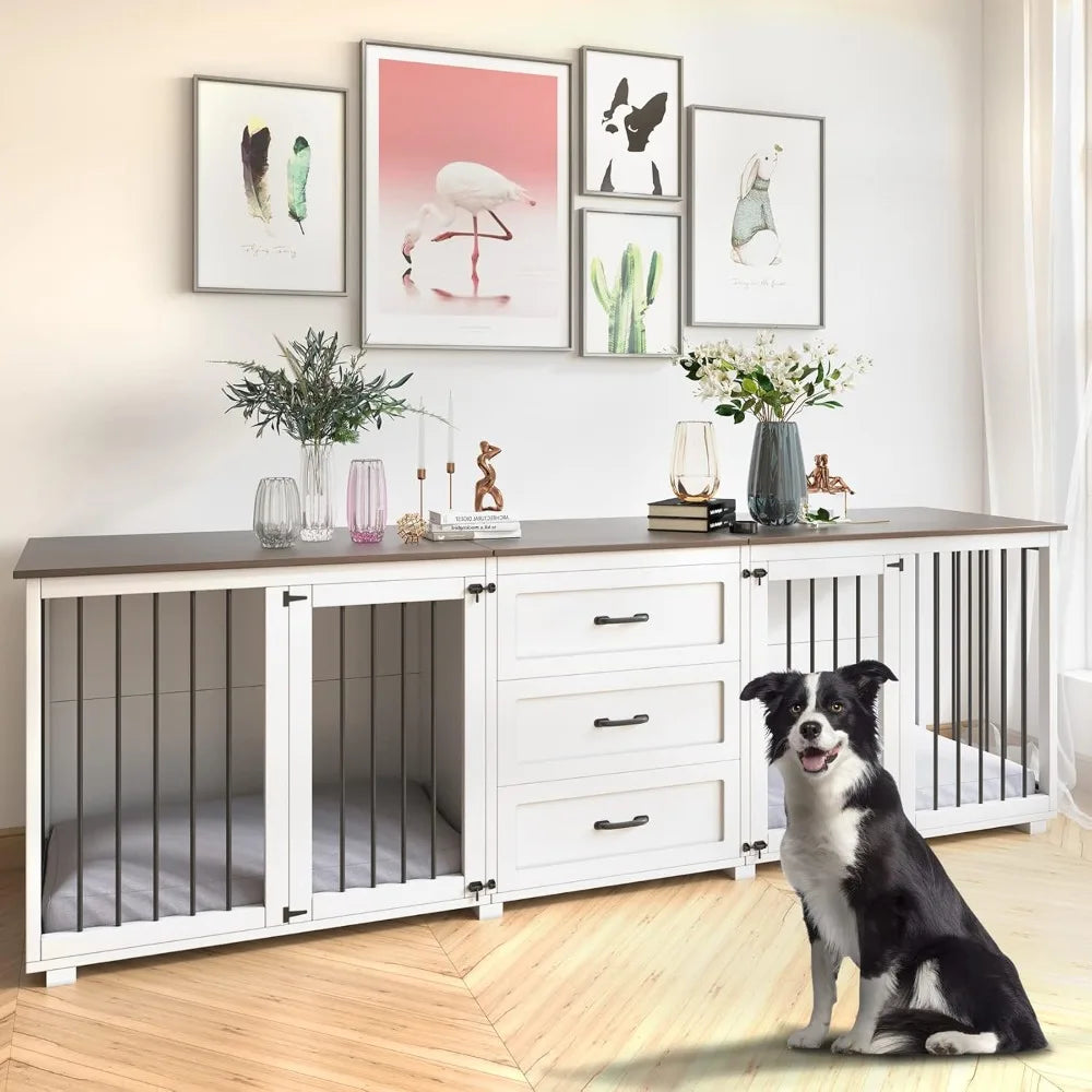 Style Dog Crate - Wooden Dog Kennel Furniture with 3 Drawer, Double Doors with Locks, 95x23x32H, White
