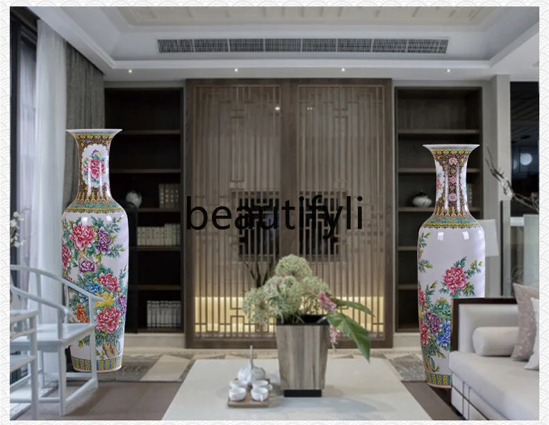New Chinese-style pastel landscape floor-to-ceiling large vase home furnishing  ceramic flower arrangement decorations