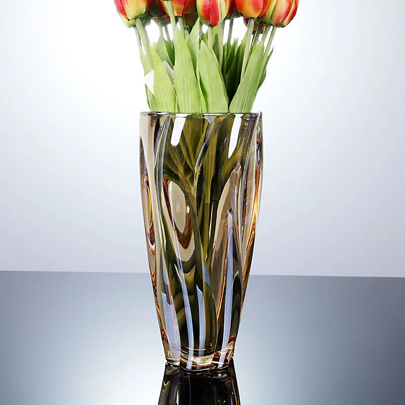 Modern and simple crystal glass large-mouthed vase for living room flower arrangement and entrance decoration