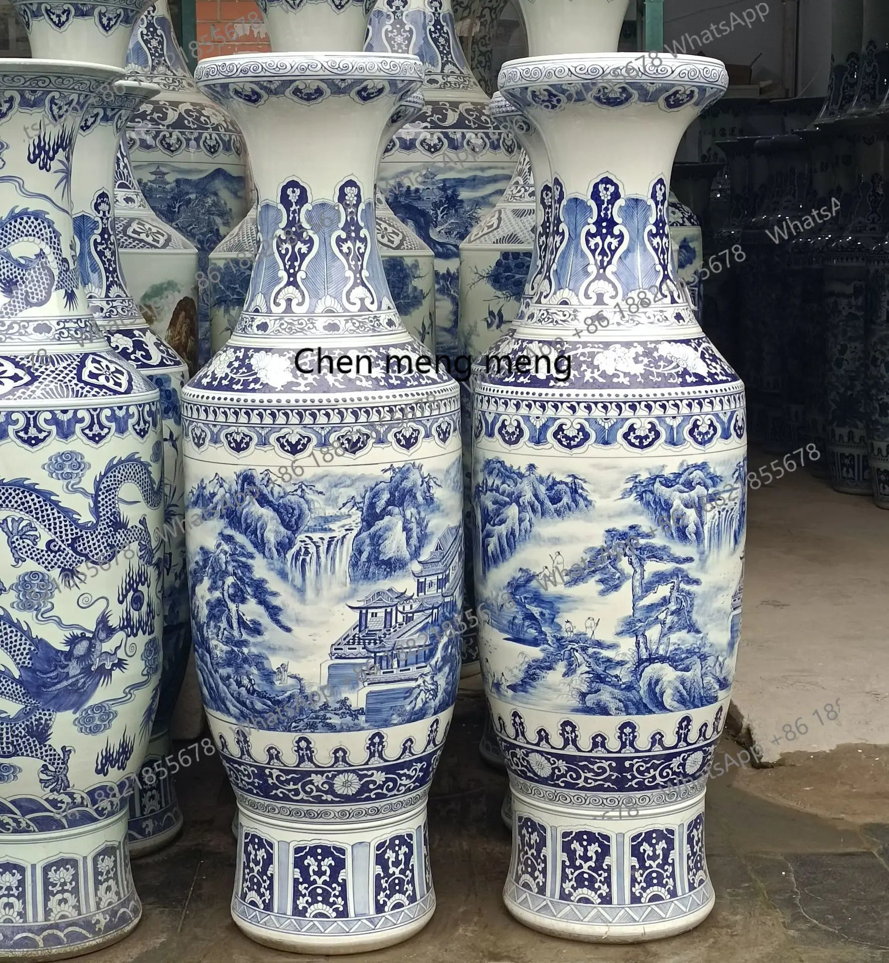 Ceramic floor standing large vase hand-painted blue and white landscape antique gold bell vase ornament