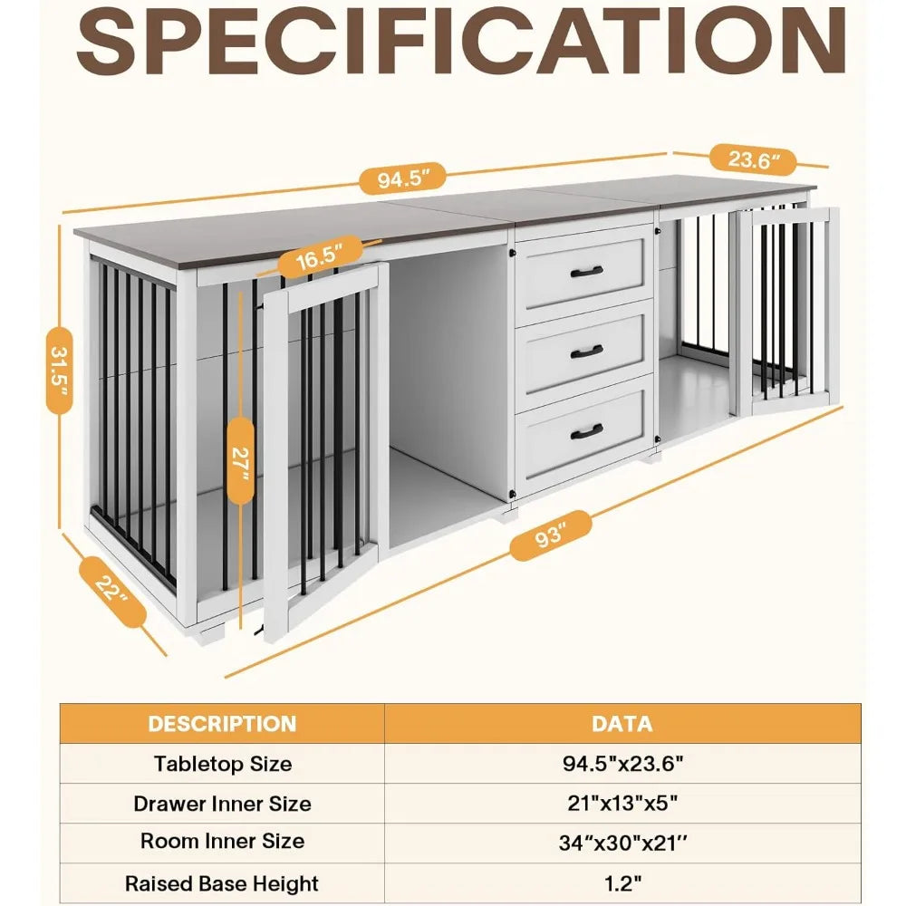 Style Dog Crate - Wooden Dog Kennel Furniture with 3 Drawer, Double Doors with Locks, 95x23x32H, White