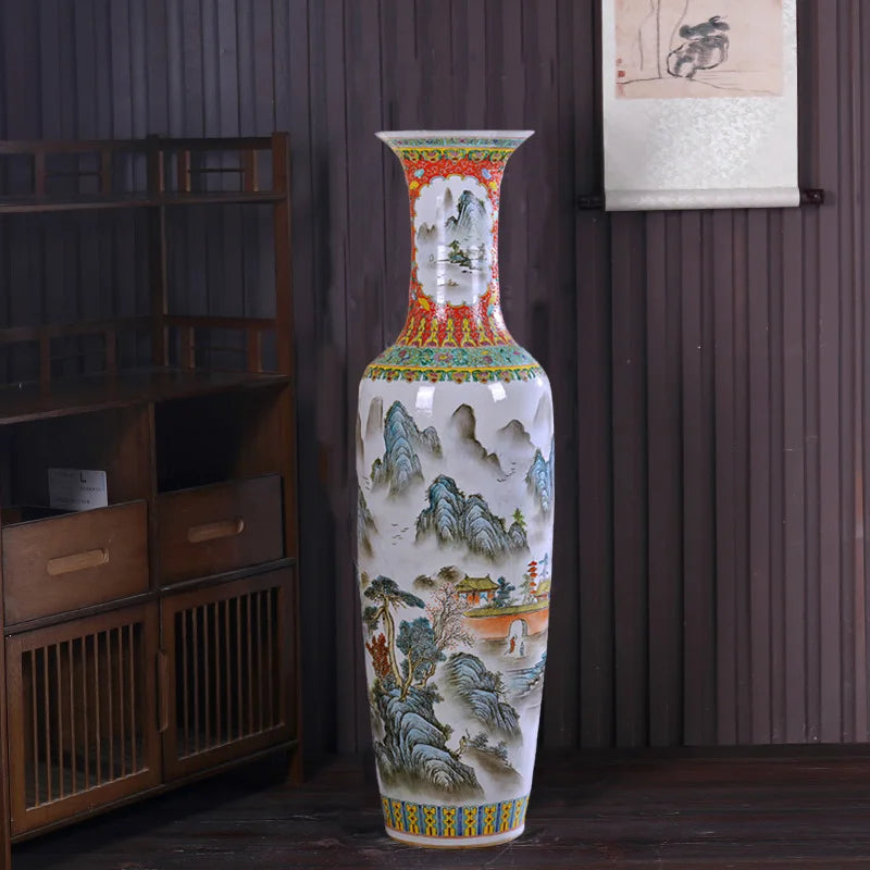 New Chinese-style pastel landscape floor-to-ceiling large vase home furnishing  ceramic flower arrangement decorations