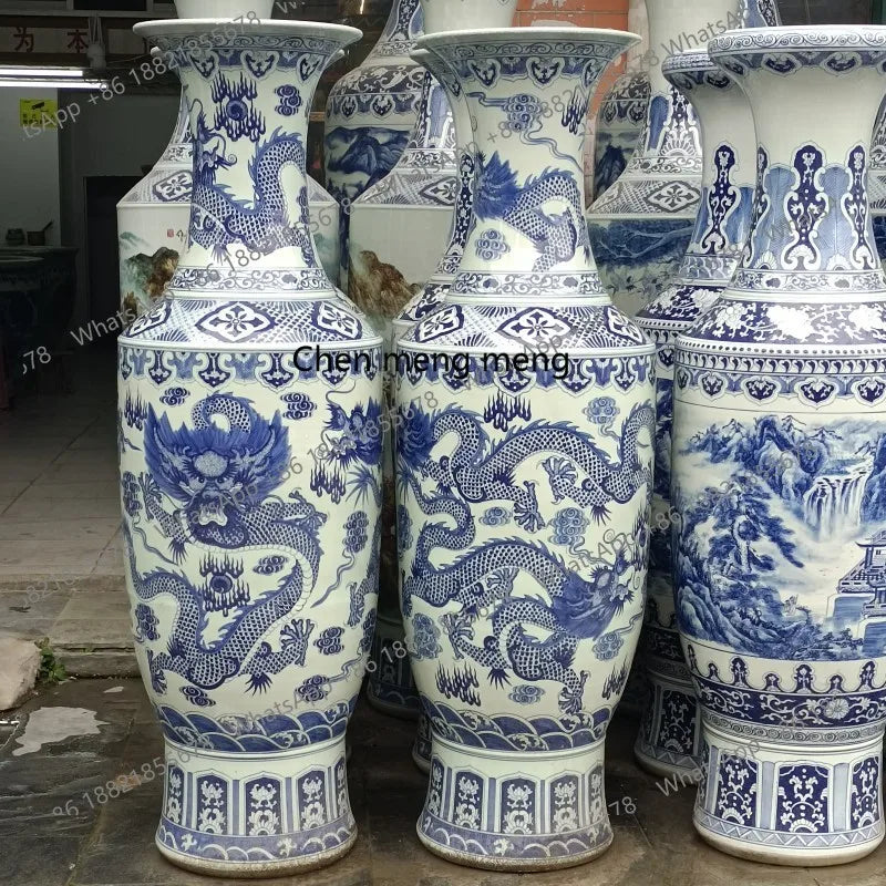 Ceramic floor standing large vase hand-painted blue and white landscape antique gold bell vase ornament