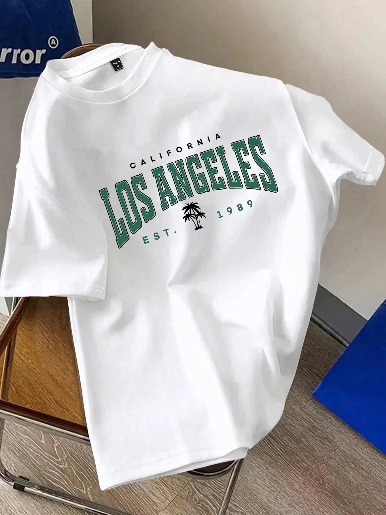 Men's White Knitted Fabric T-Shirt with Los Angeles Graphic Print Short Sleeves and Round Neckline Regular Fit Harajuku