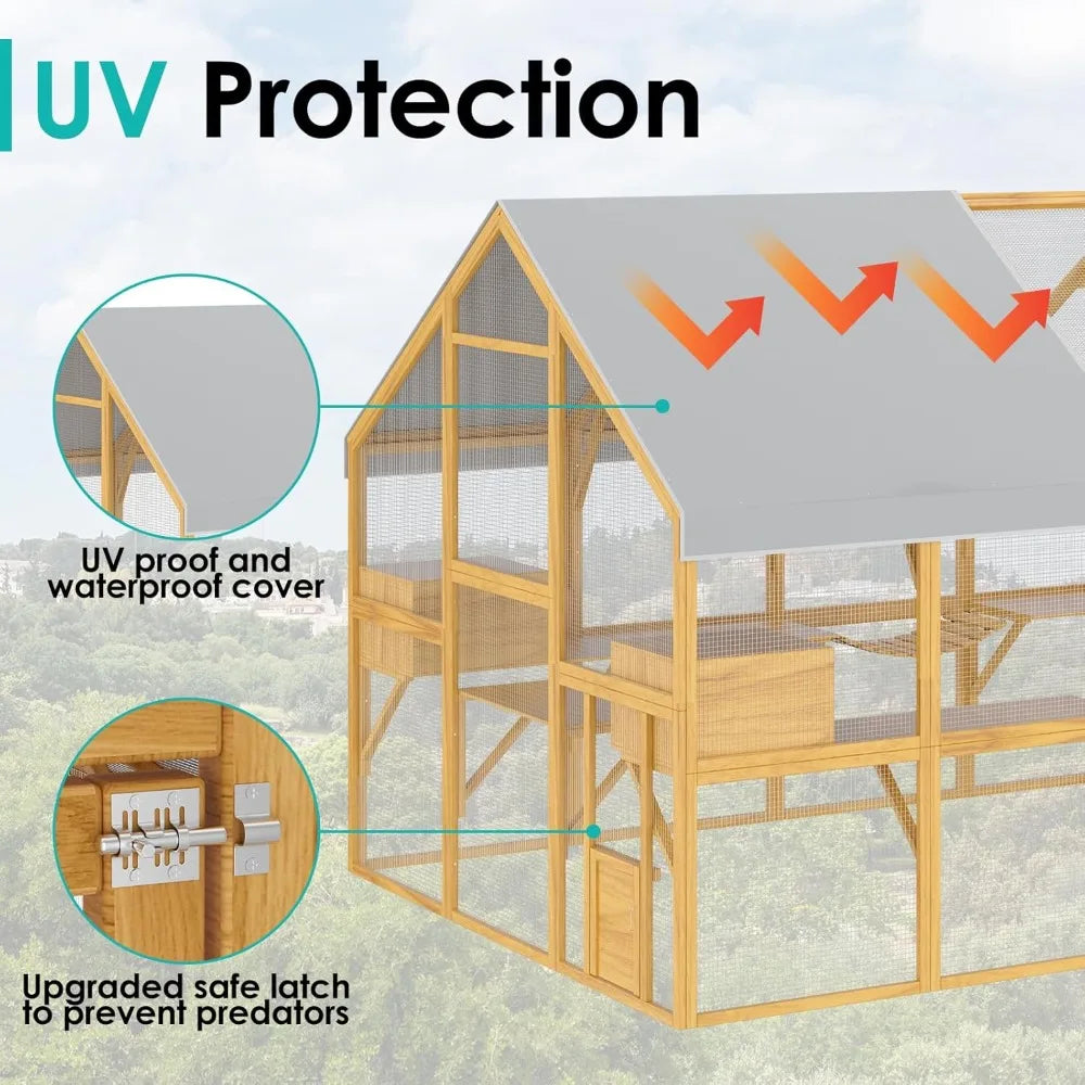 Extra Large Wooden Outdoor Cat House, 57ft² Cat Run Enclosure Walk in Catio Kitten Condo with Enter Door, 2 Doors, 2 Playpen