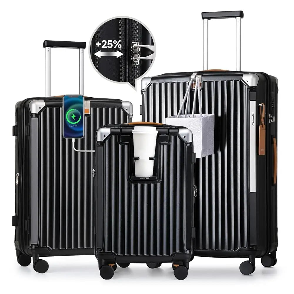 Joyway 3/5pcs Black Luggage Set, 20/24 inch Expandable Suitcase, Cup Holder, TSA Lock, Anti Slip Wheels, Lightweight Durable