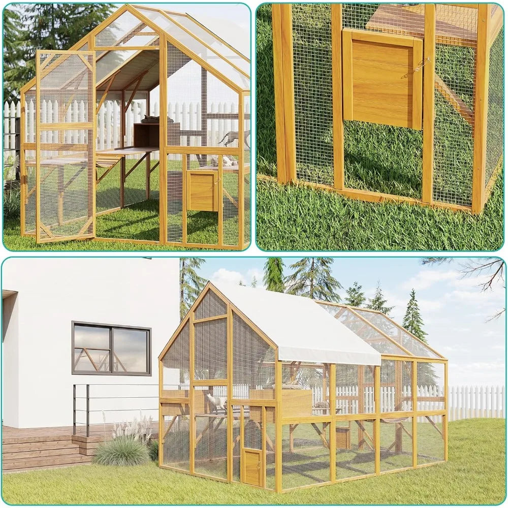Extra Large Wooden Outdoor Cat House, 57ft² Cat Run Enclosure Walk in Catio Kitten Condo with Enter Door, 2 Doors, 2 Playpen