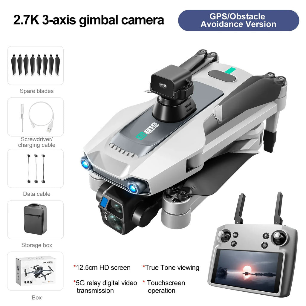 S819 Professional Drone 5g Digital Laser OAS 2.7k HD Lens 3-axis Gimbal 5-inch Screen Remote Control Can Mini Airdrop Drone