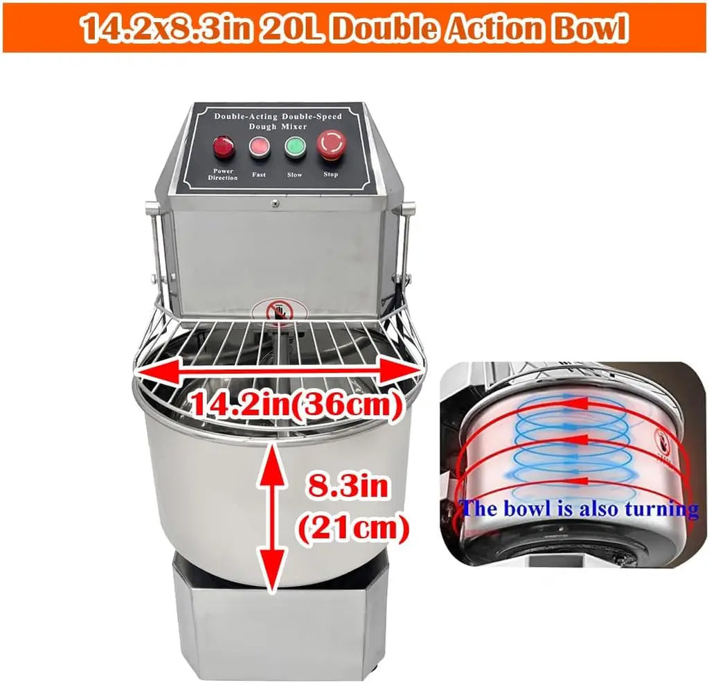Commercial Electric Dough Mixer 20QT Stand Flour Mixing Machine Double Action Double Speed Spiral Stainless Steel Dough Blender