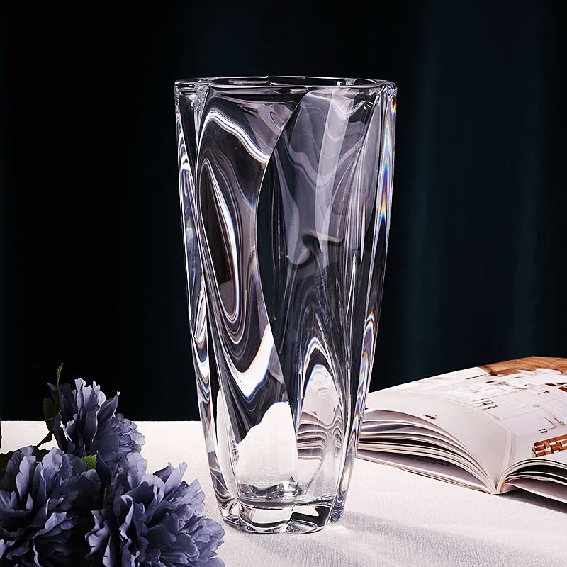 Modern and simple crystal glass large-mouthed vase for living room flower arrangement and entrance decoration