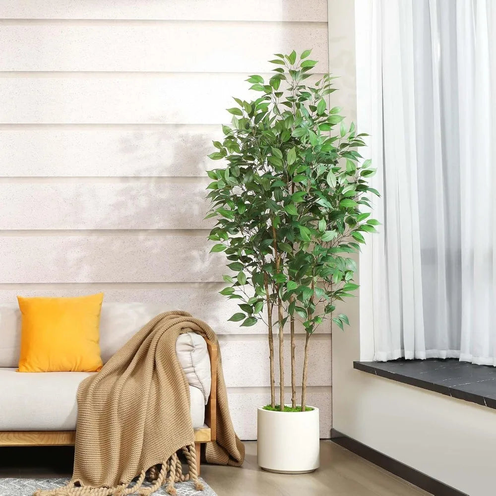 6ft Artificial Ficus Tree Fake Silk Plant for Home Office Decor Indoor Floor Plant in White Pot with Green Moss