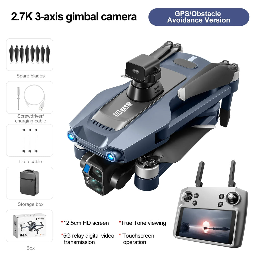 S819 Professional Drone 5g Digital Laser OAS 2.7k HD Lens 3-axis Gimbal 5-inch Screen Remote Control Can Mini Airdrop Drone