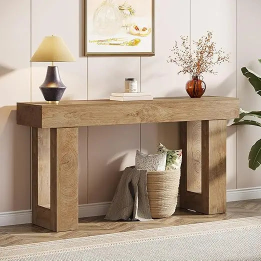"farmhouse style 63" wooden rectangular sofa table for entryway and behind couch"