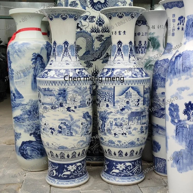 Ceramic floor standing large vase hand-painted blue and white landscape antique gold bell vase ornament