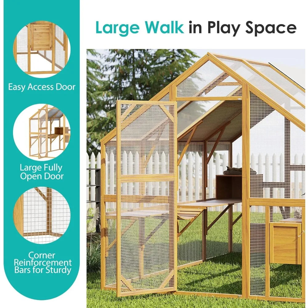 Extra Large Wooden Outdoor Cat House, 57ft² Cat Run Enclosure Walk in Catio Kitten Condo with Enter Door, 2 Doors, 2 Playpen