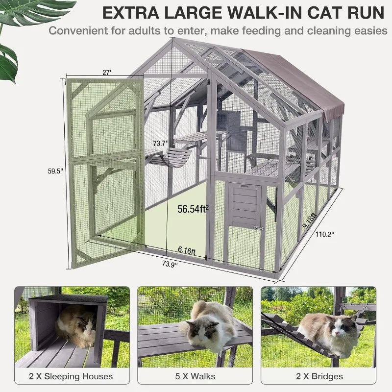 Large Catio Outdoor Cat Enclosures Wooden Cat House with Sleeping Houses, Bridges, Walks, UV Proof Cover 74" H 110" L