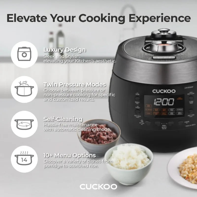CUCKOO 6-Cup (Uncooked)/ 12-Cup (Cooked) Twin Pressure Rice Cooker & Warmer w/ Nonstick Inner Pot,3 Voice Guide,Auto Clean,Black