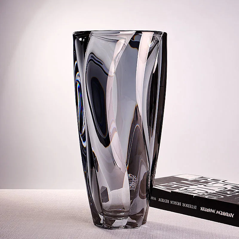 Modern and simple crystal glass large-mouthed vase for living room flower arrangement and entrance decoration