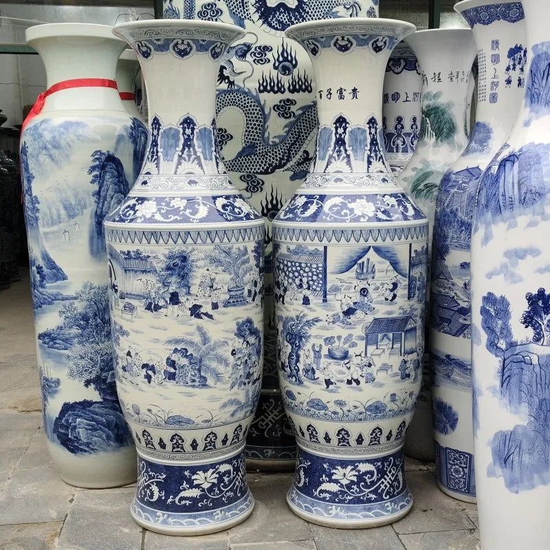 Ceramic floor standing large vase hand-painted blue and white landscape antique gold bell vase ornament