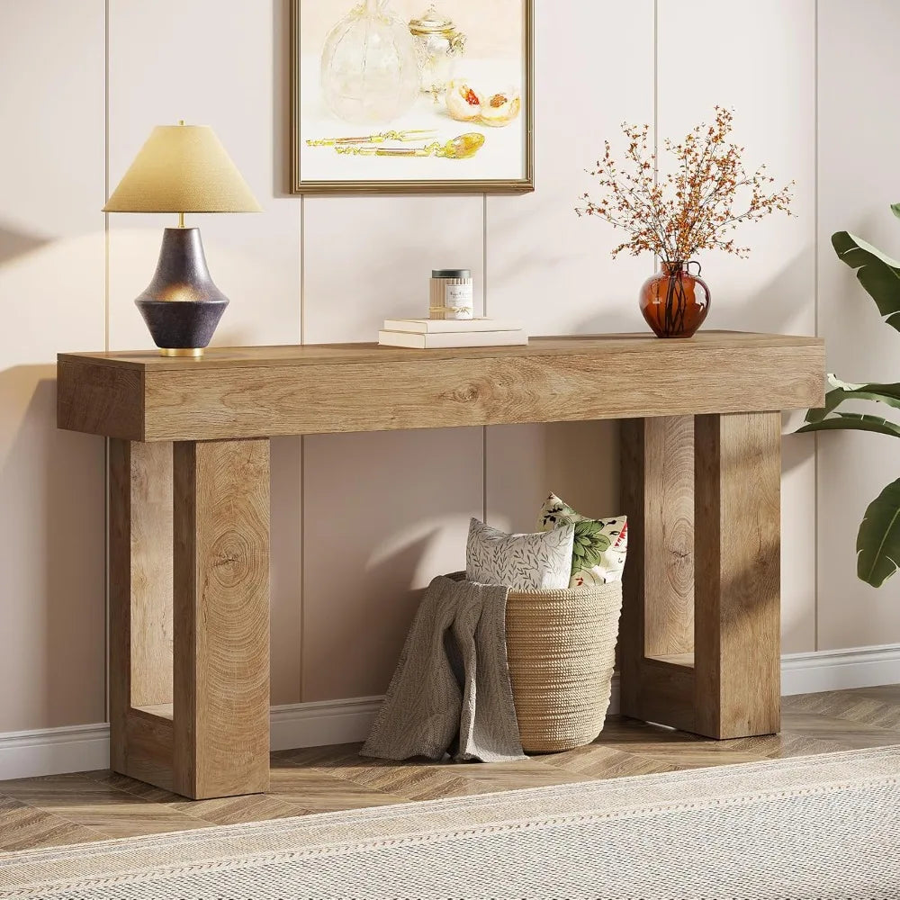 "farmhouse style 63" wooden rectangular sofa table for entryway and behind couch"