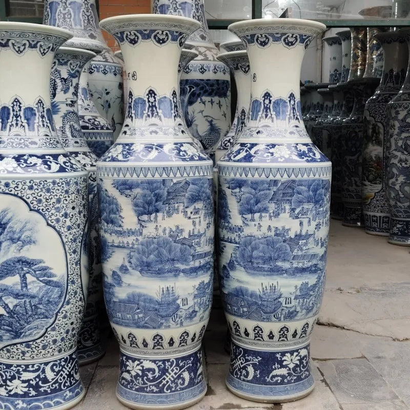 Ceramic floor standing large vase hand-painted blue and white landscape antique gold bell vase ornament