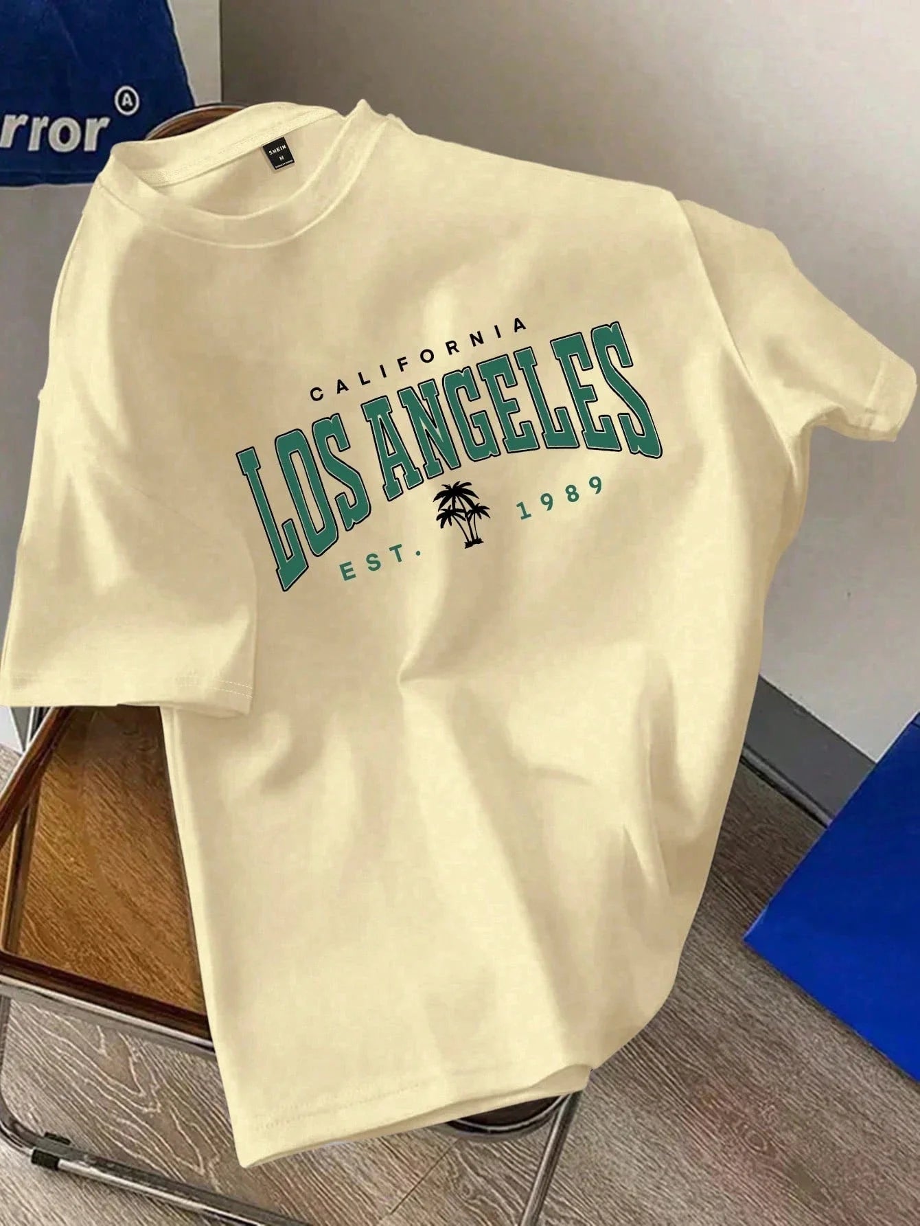 Men's White Knitted Fabric T-Shirt with Los Angeles Graphic Print Short Sleeves and Round Neckline Regular Fit Harajuku