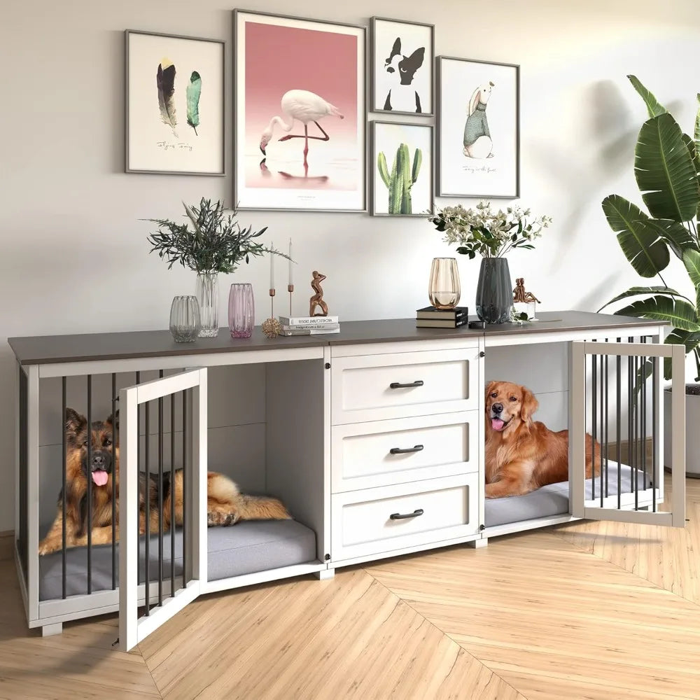 Style Dog Crate - Wooden Dog Kennel Furniture with 3 Drawer, Double Doors with Locks, 95x23x32H, White