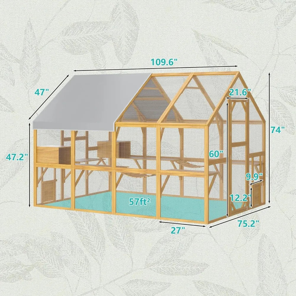 Extra Large Wooden Outdoor Cat House, 57ft² Cat Run Enclosure Walk in Catio Kitten Condo with Enter Door, 2 Doors, 2 Playpen
