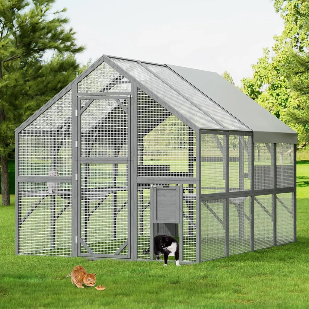 Extra Large Wooden Outdoor Cat House, 57ft² Cat Run Enclosure Walk in Catio Kitten Condo with Enter Door, 2 Doors, 2 Playpen
